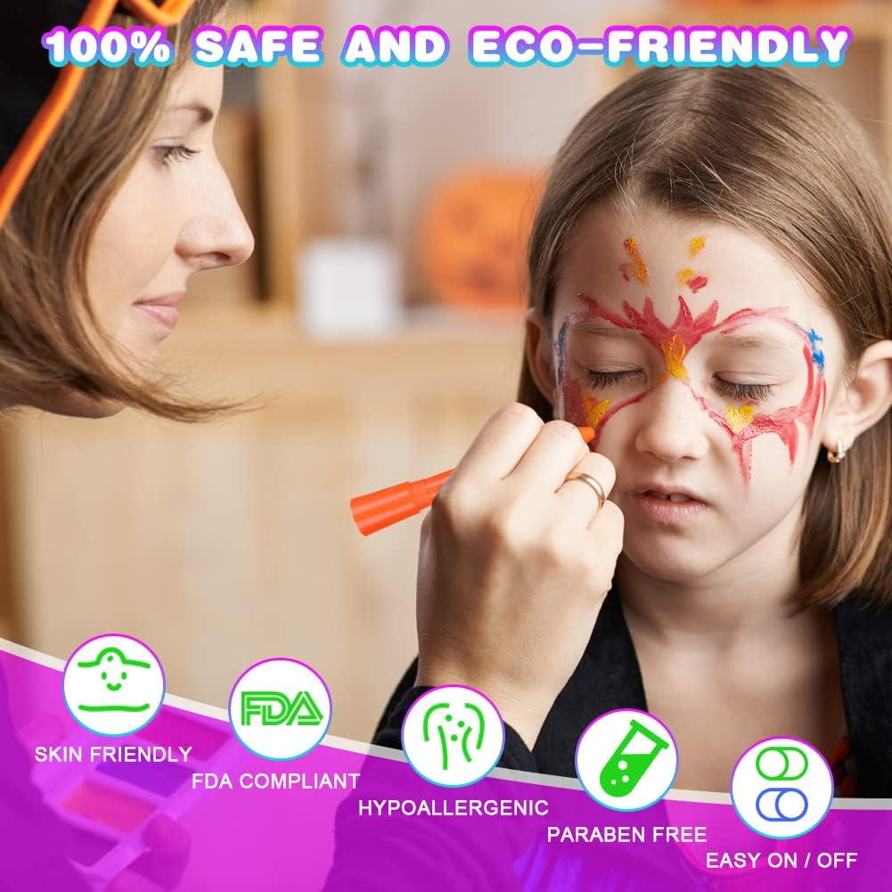 Fluorescent Makeup Pencils for Face and Body, 6 Colors Washable UV Colorful Fluorescent Neon Kit, Safe and Non-Toxic Body Paint for Multiple Birthday, Cosplay, Halloween and Christmas Parties