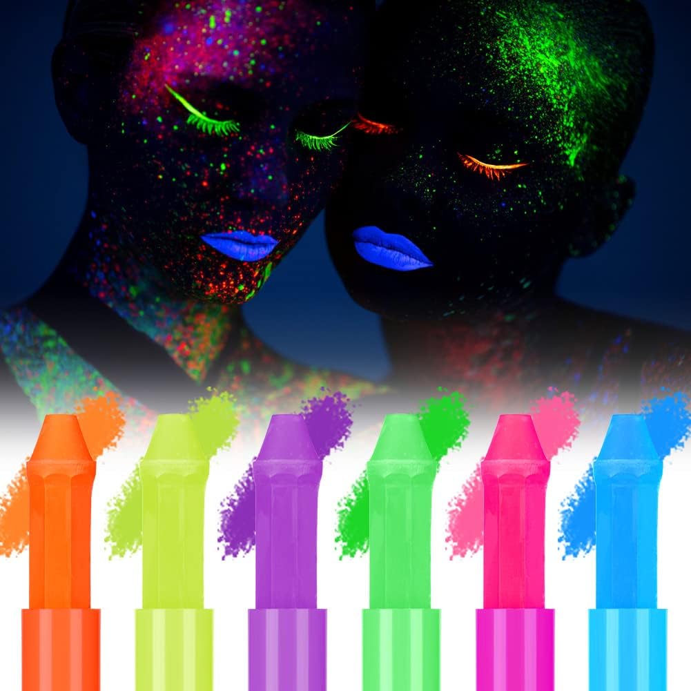 Fluorescent Makeup Pencils for Face and Body, 6 Colors Washable UV Colorful Fluorescent Neon Kit, Safe and Non-Toxic Body Paint for Multiple Birthday, Cosplay, Halloween and Christmas Parties