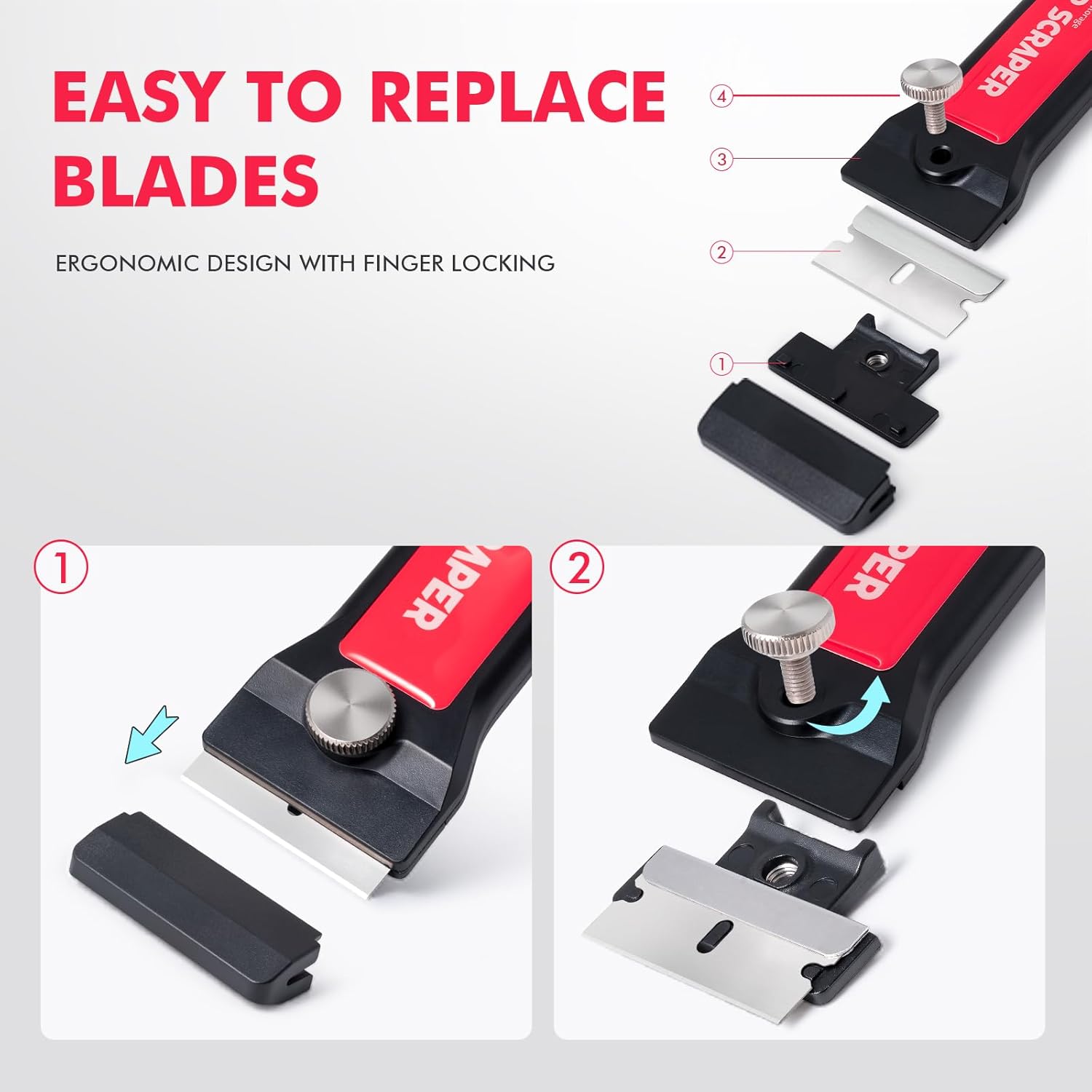 FOSHIO 2PCS Plastic Scraper with 100 Stainless Steel Blades, Hard Plastic Scraper, Plastic Adhesive Removal, Vinyl Glue Removal