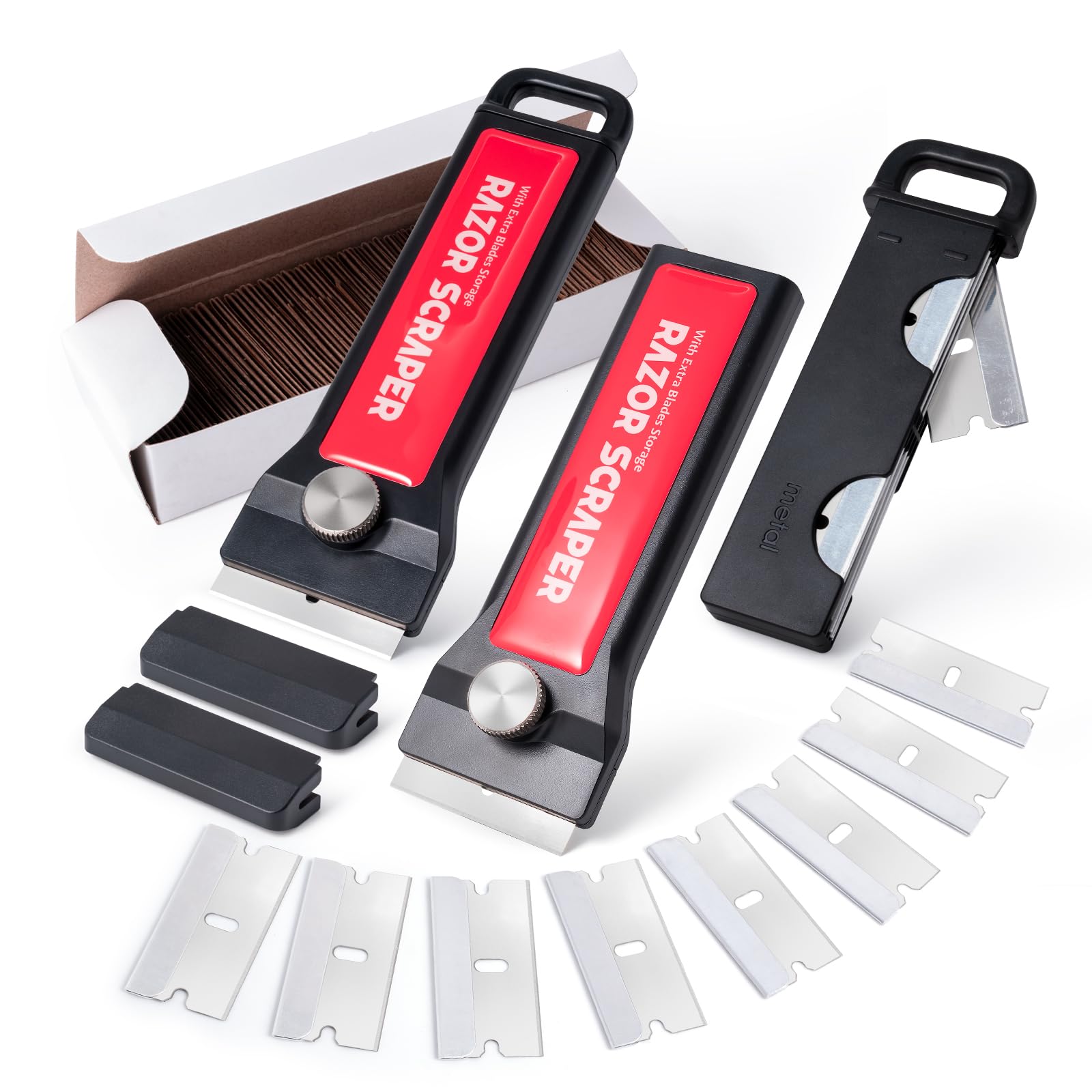 FOSHIO 2PCS Plastic Scraper with 100 Stainless Steel Blades, Hard Plastic Scraper, Plastic Adhesive Removal, Vinyl Glue Removal