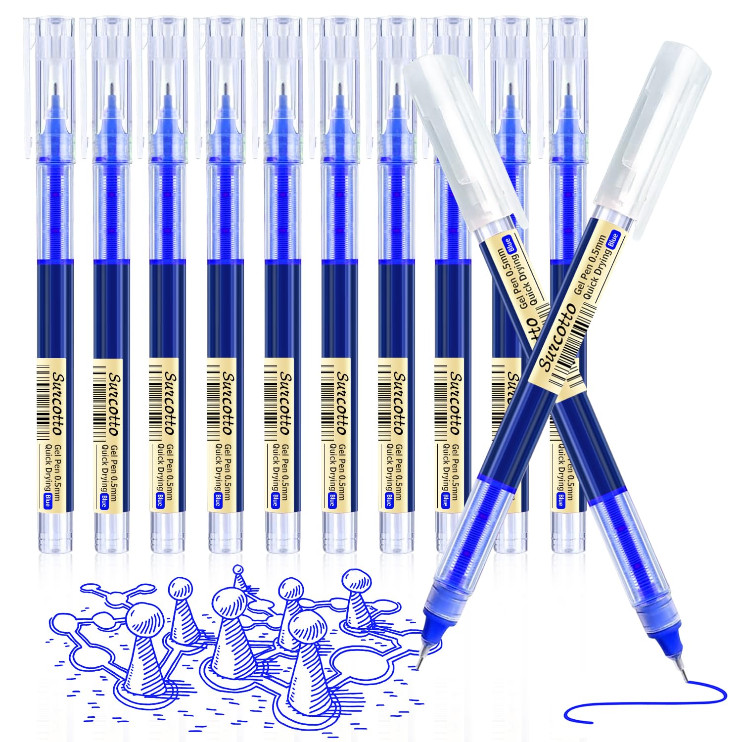 Gel Pens, 12 Pack 0.5mm Blue Gel Ink Pens, Ultra Fast Drying, Waterproof for Writing, Drawing and Outlining