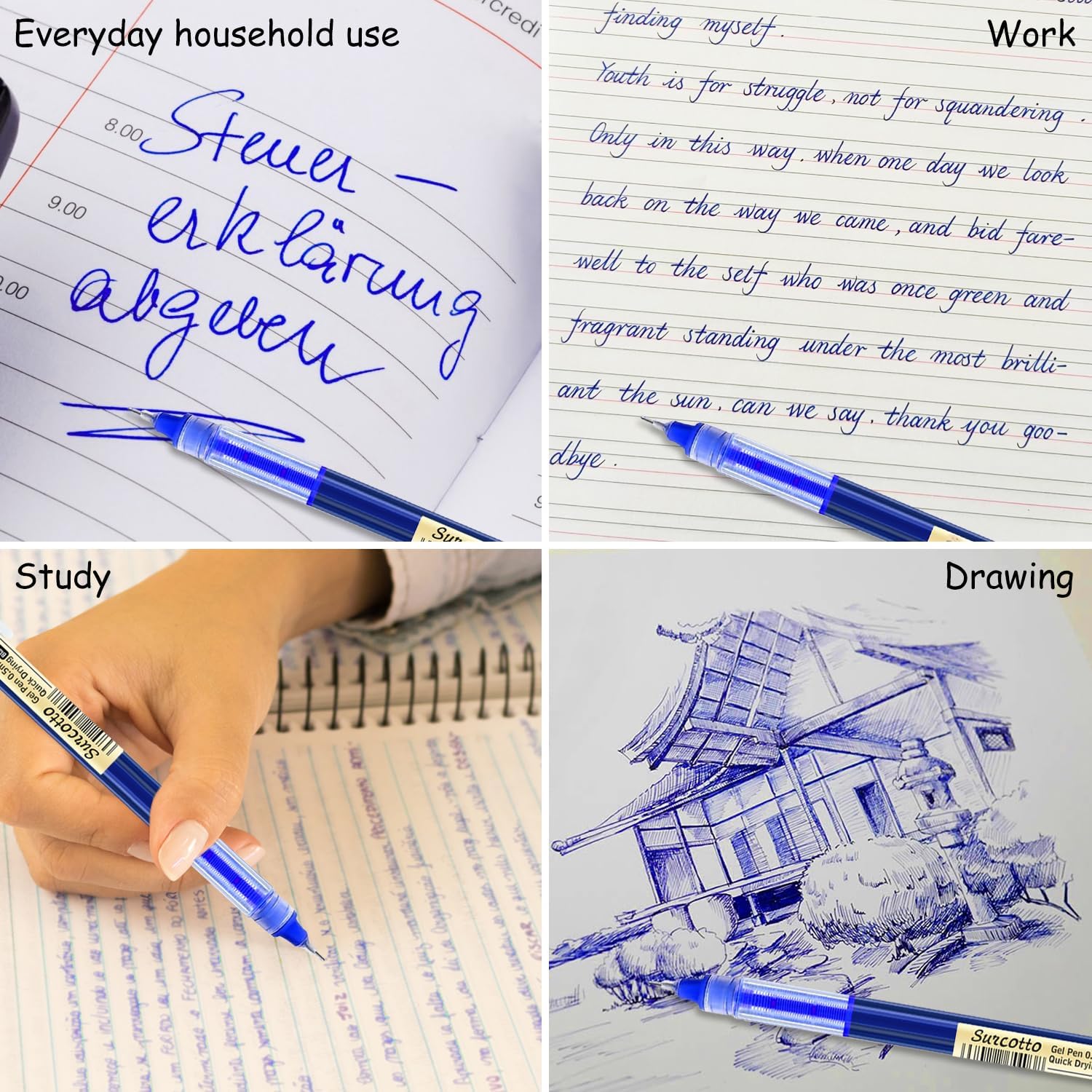Gel Pens, 12 Pack 0.5mm Blue Gel Ink Pens, Ultra Fast Drying, Waterproof for Writing, Drawing and Outlining