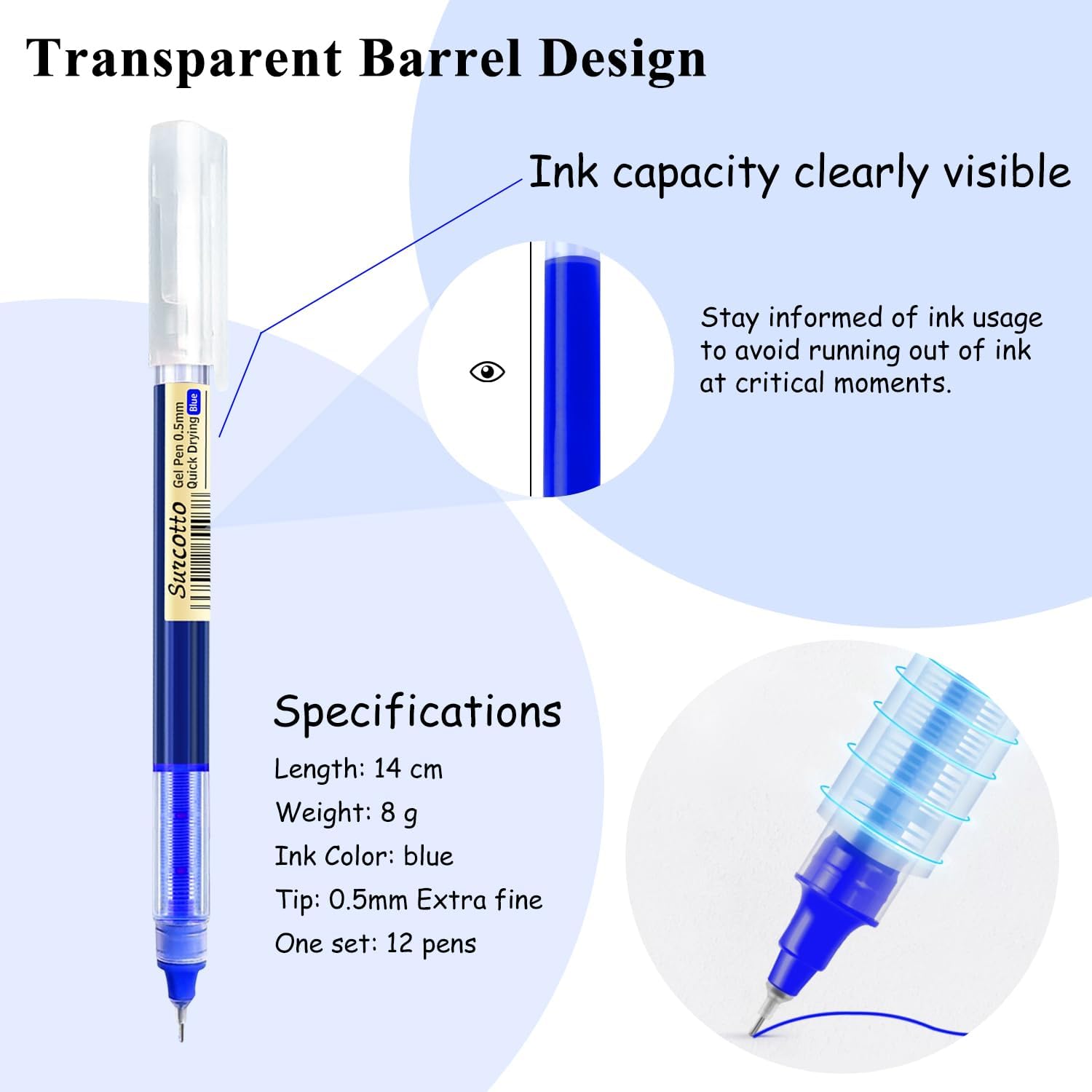 Gel Pens, 12 Pack 0.5mm Blue Gel Ink Pens, Ultra Fast Drying, Waterproof for Writing, Drawing and Outlining
