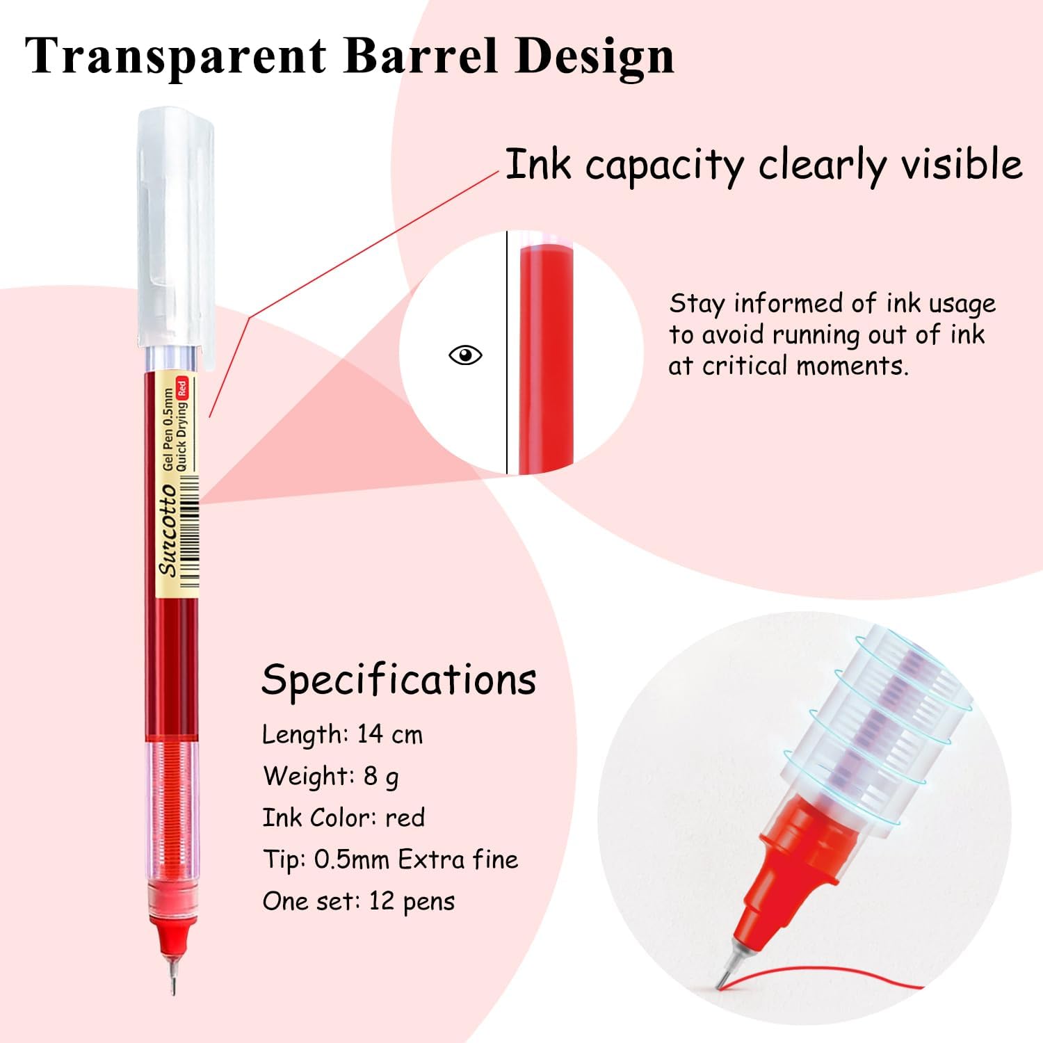 Gel Pens, 12pcs 0.5mm Red Gel Ink Pens, Ultra Fast Drying, Waterproof Gel Pens for Writing, Drawing and Outlining, Red Pens for Students, Office Workers, etc.