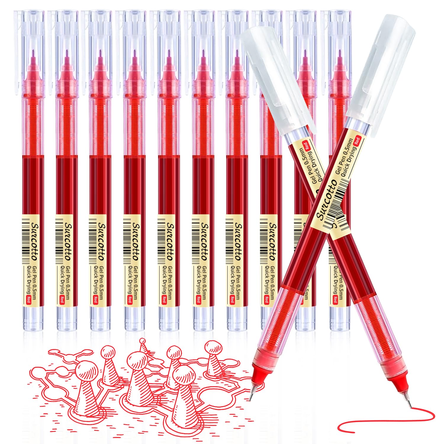 Gel Pens, 12pcs 0.5mm Red Gel Ink Pens, Ultra Fast Drying, Waterproof Gel Pens for Writing, Drawing and Outlining, Red Pens for Students, Office Workers, etc.