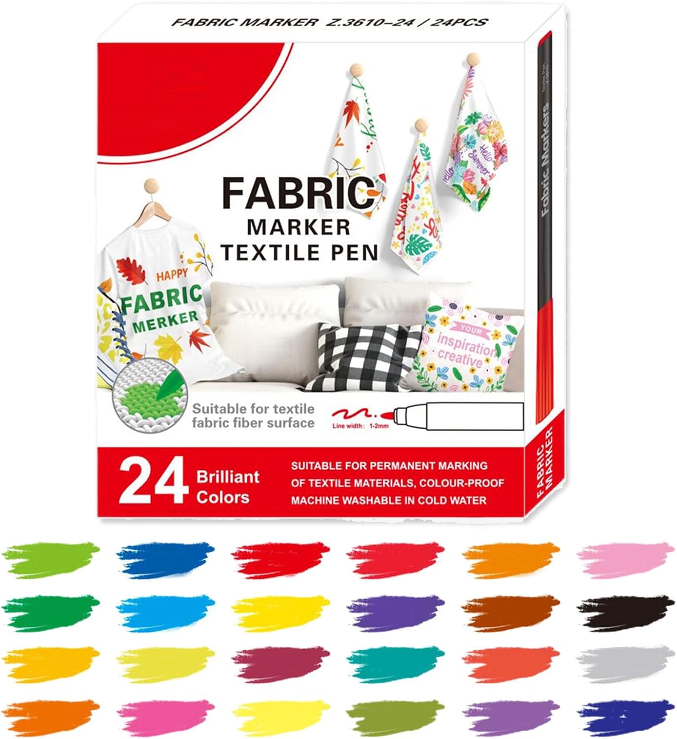 Générique Fabric Marker, Color Cloth Paint Markers, 6.3 x 5.71 inches Washable Textile Watercolor Pens for Fabric, Shoes, Tote Bags, Ceramic, Industrial Use, Polyester and Tablecloths 24 colors
