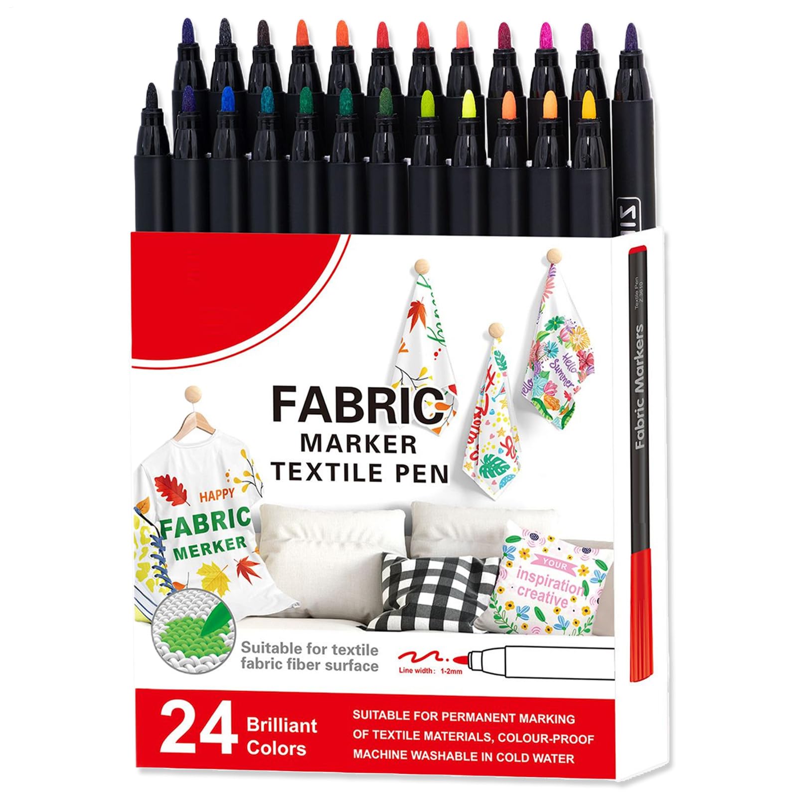 Générique Fabric Marker, Color Cloth Paint Markers, 6.3 x 5.71 inches Washable Textile Watercolor Pens for Fabric, Shoes, Tote Bags, Ceramic, Industrial Use, Polyester and Tablecloths 24 colors