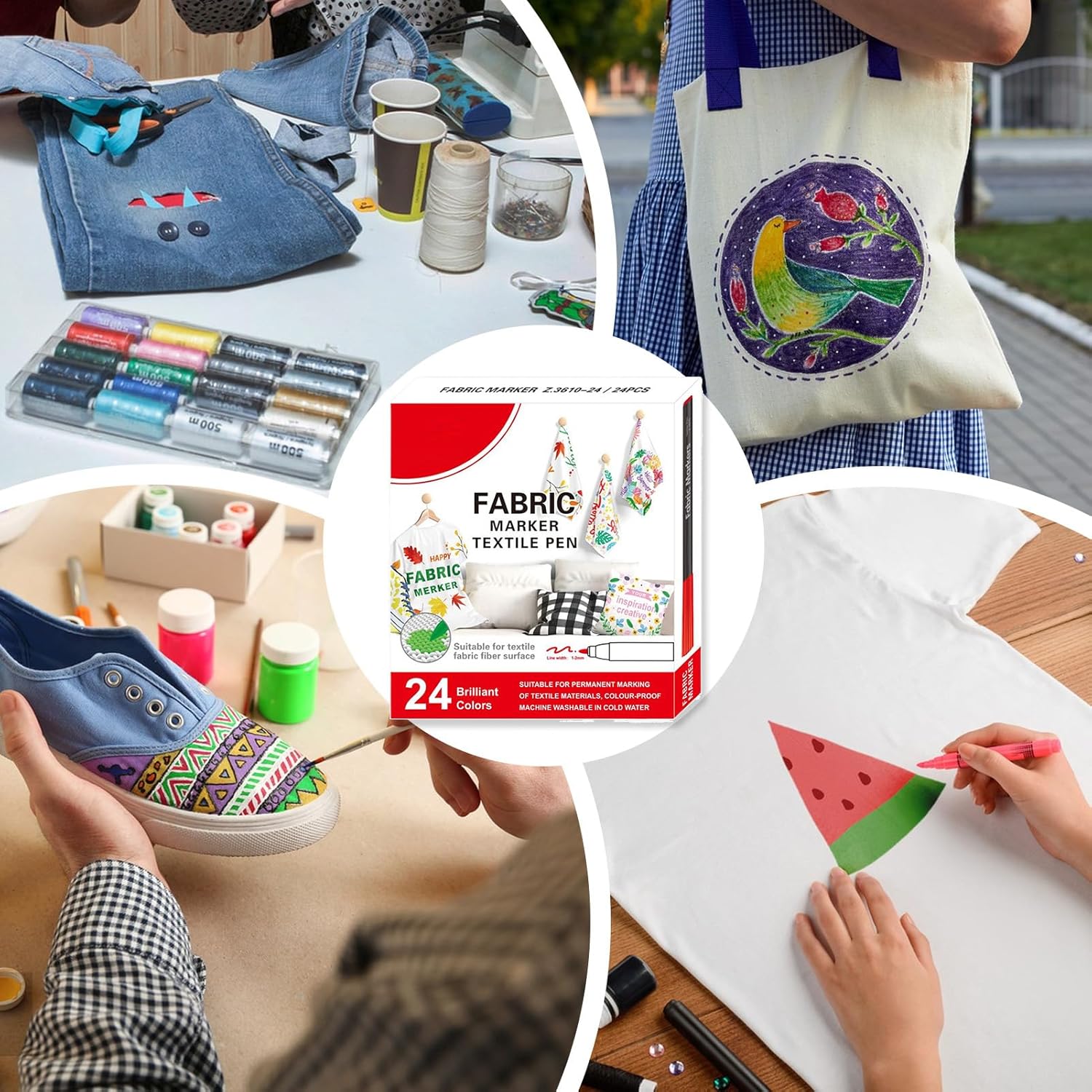 Générique Fabric Marker, Color Cloth Paint Markers, 6.3 x 5.71 inches Washable Textile Watercolor Pens for Fabric, Shoes, Tote Bags, Ceramic, Industrial Use, Polyester and Tablecloths 24 colors