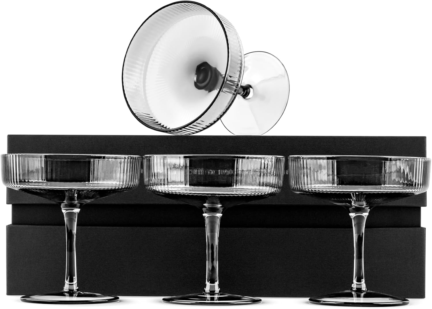 GLASSIQUE CADEAU Set of 4 Vintage Art Deco Cocktail Glasses Smoked Black | 200ml Ribbed Cocktail Glasses for Champagne, Martini, Cosmopolitan, Manhattan | Crystal Speakeasy saucers