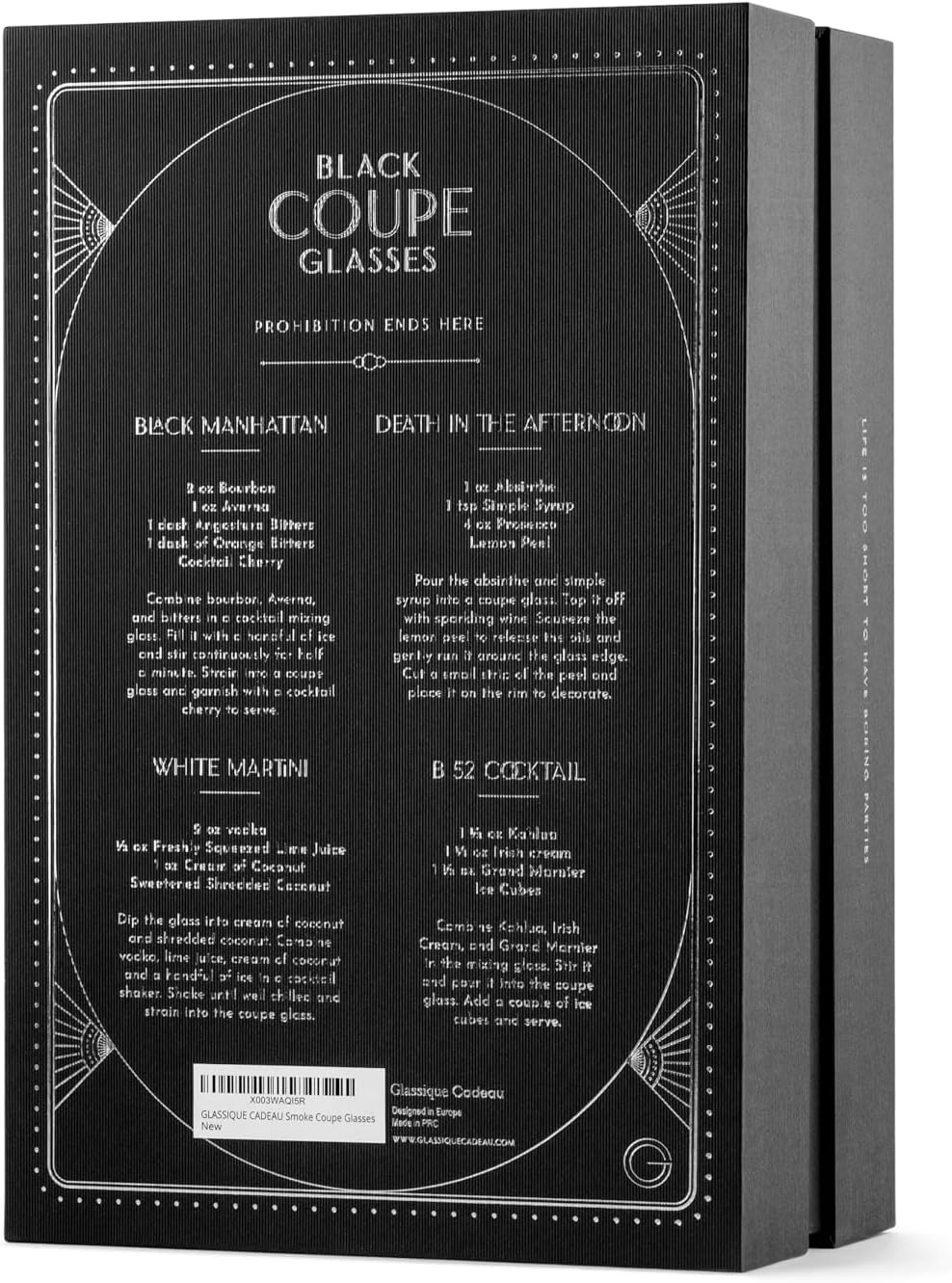 GLASSIQUE CADEAU Set of 4 Vintage Art Deco Cocktail Glasses Smoked Black | 200ml Ribbed Cocktail Glasses for Champagne, Martini, Cosmopolitan, Manhattan | Crystal Speakeasy saucers