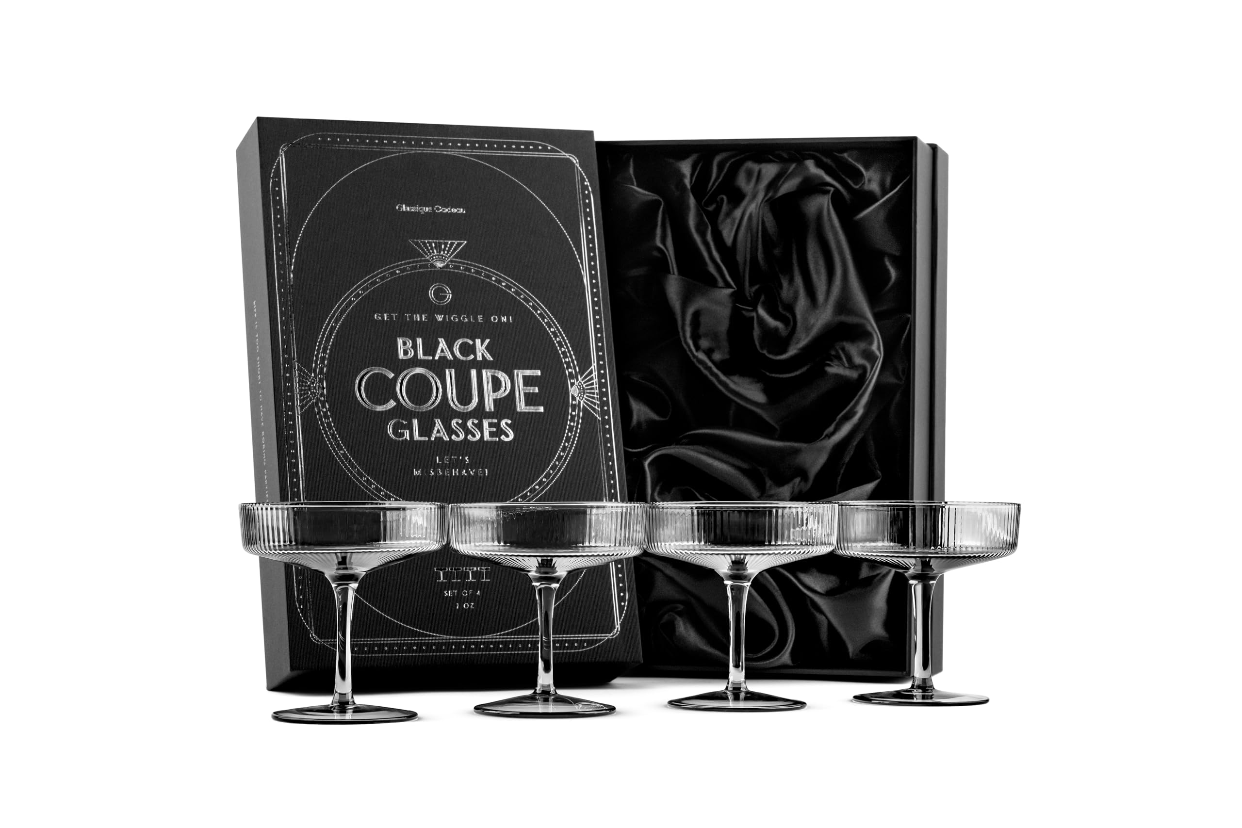 GLASSIQUE CADEAU Set of 4 Vintage Art Deco Cocktail Glasses Smoked Black | 200ml Ribbed Cocktail Glasses for Champagne, Martini, Cosmopolitan, Manhattan | Crystal Speakeasy saucers