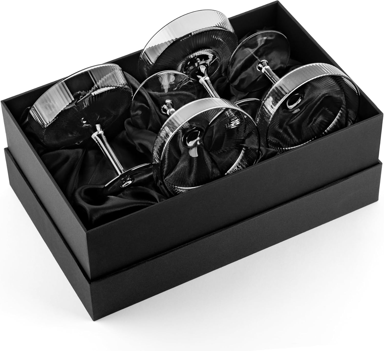 GLASSIQUE CADEAU Set of 4 Vintage Art Deco Cocktail Glasses Smoked Black | 200ml Ribbed Cocktail Glasses for Champagne, Martini, Cosmopolitan, Manhattan | Crystal Speakeasy saucers