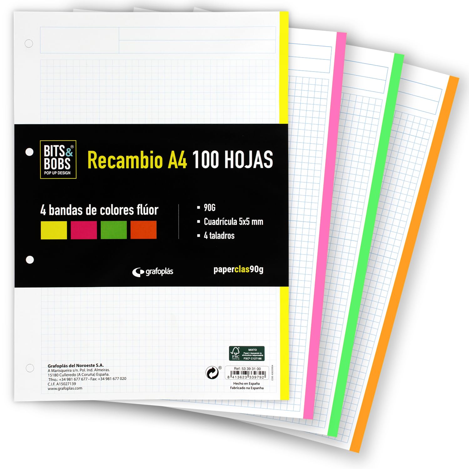 Grafoplas | Refill of 100 A4 sheets, 5 x 5 mm grids, 4 fluoro color bands, 4 drills, PaperClas90 g, Bits&Bobs Pop and Design