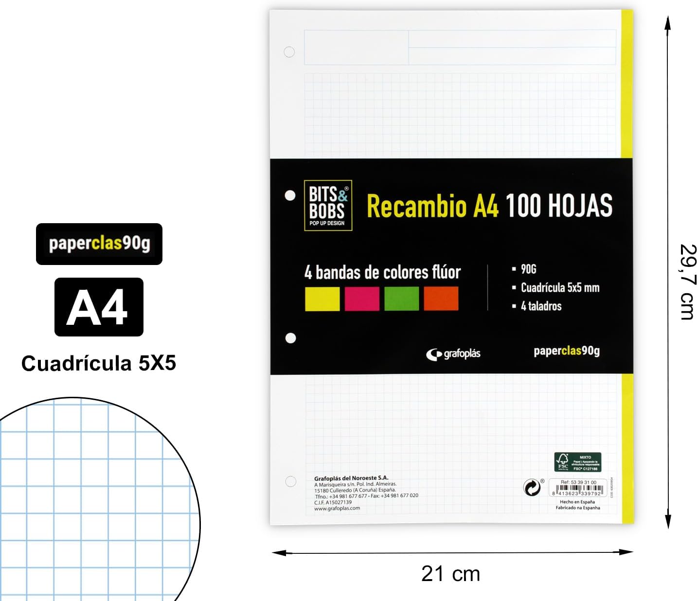 Grafoplas | Refill of 100 A4 sheets, 5 x 5 mm grids, 4 fluoro color bands, 4 drills, PaperClas90 g, Bits&Bobs Pop and Design