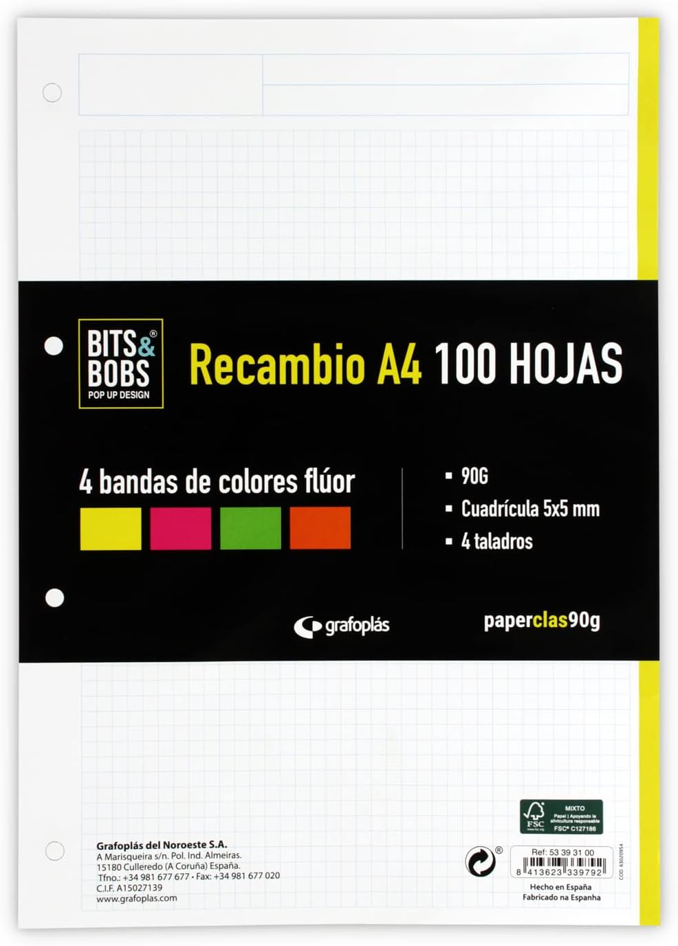 Grafoplas | Refill of 100 A4 sheets, 5 x 5 mm grids, 4 fluoro color bands, 4 drills, PaperClas90 g, Bits&Bobs Pop and Design