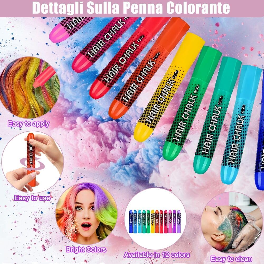 Hair Chalk, 12 Colors Temporary Hair Chalk Non-Toxic Washable, Hair Comb Chalk Colored Hair Chalk for Halloween Makeup, Party, Carnival, Christmas and DIY