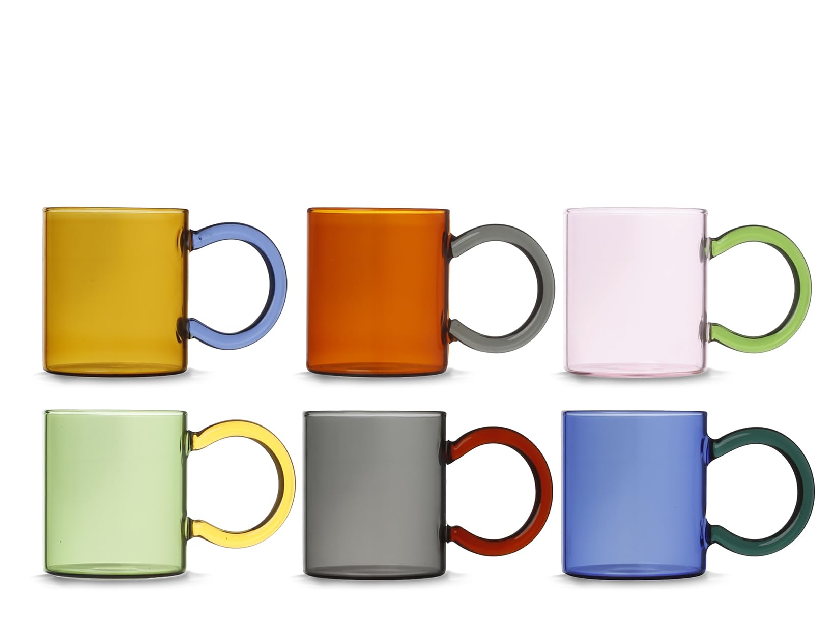 H&H – Set of 12 38.5 cl Borosilicate Glass Mugs – Assorted Colors with Contrasting Handle – Dishwasher Safe