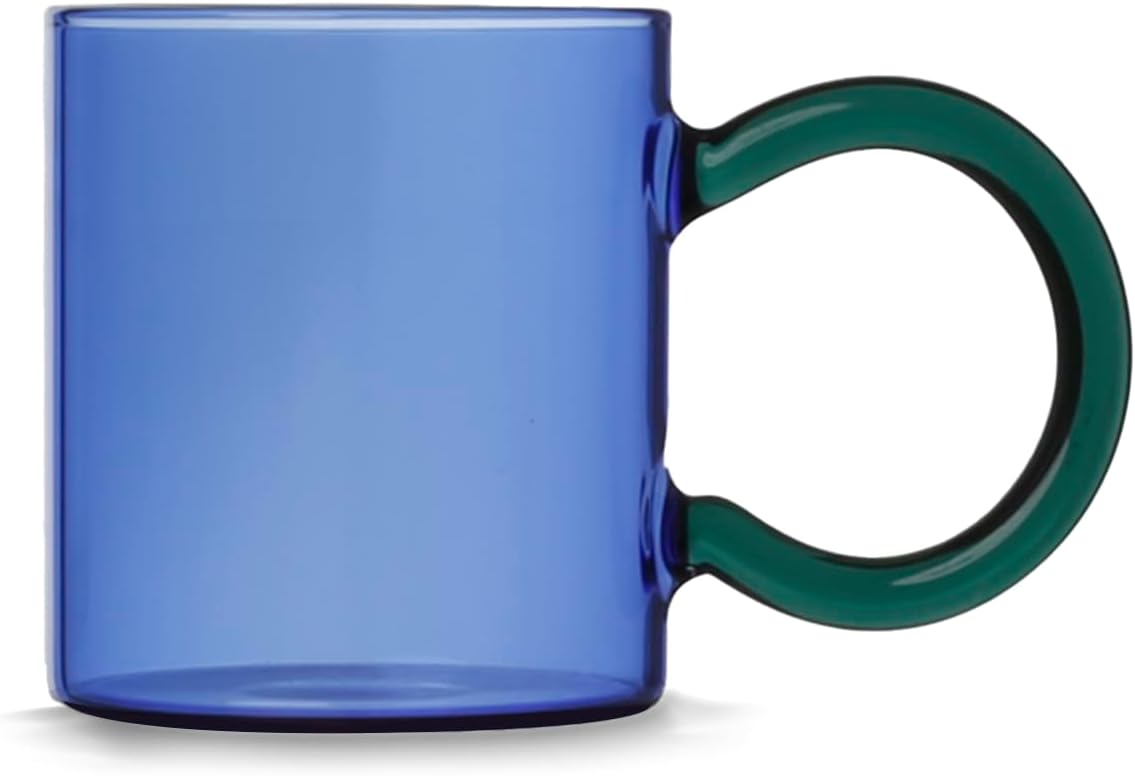 H&H – Set of 12 38.5 cl Borosilicate Glass Mugs – Assorted Colors with Contrasting Handle – Dishwasher Safe