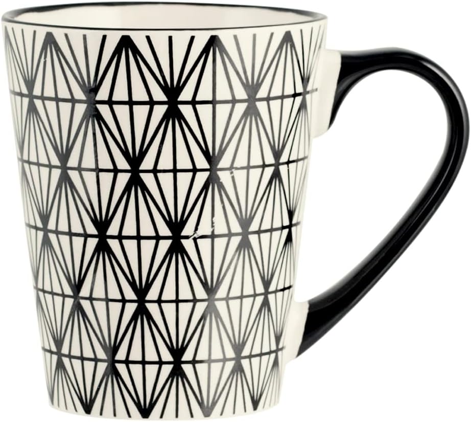 H&H Vhera Set 6 Mugs in Stoneware (350 ml) – Elegant White/Black Mugs with Geometric Decorations – Suitable for Dishwasher and Microwave
