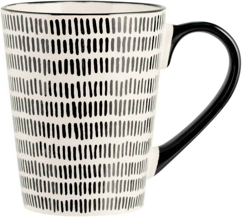 H&H Vhera Set 6 Mugs in Stoneware (350 ml) – Elegant White/Black Mugs with Geometric Decorations – Suitable for Dishwasher and Microwave
