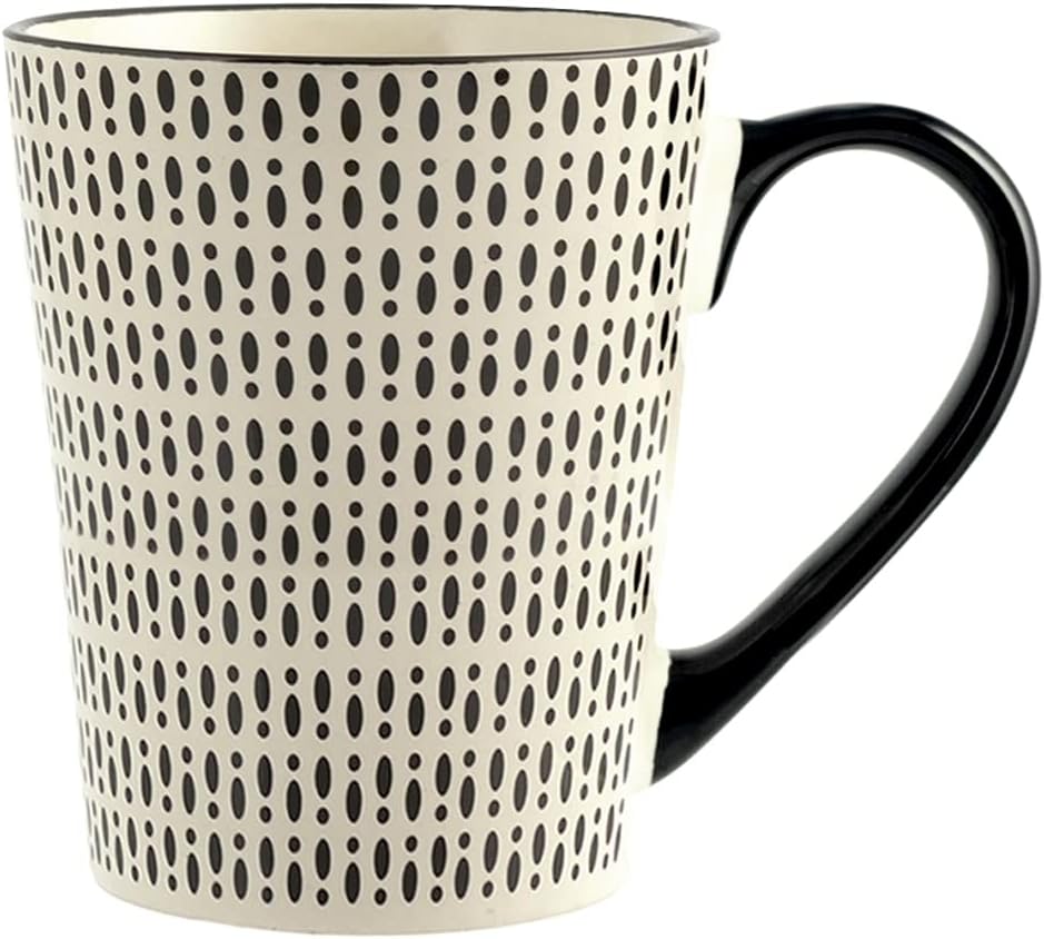 H&H Vhera Set 6 Mugs in Stoneware (350 ml) – Elegant White/Black Mugs with Geometric Decorations – Suitable for Dishwasher and Microwave