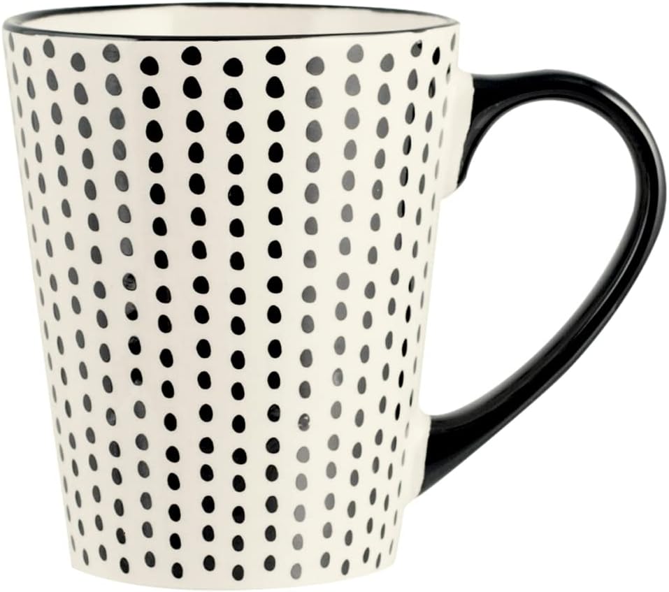H&H Vhera Set 6 Mugs in Stoneware (350 ml) – Elegant White/Black Mugs with Geometric Decorations – Suitable for Dishwasher and Microwave