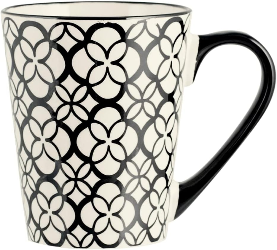 H&H Vhera Set 6 Mugs in Stoneware (350 ml) – Elegant White/Black Mugs with Geometric Decorations – Suitable for Dishwasher and Microwave