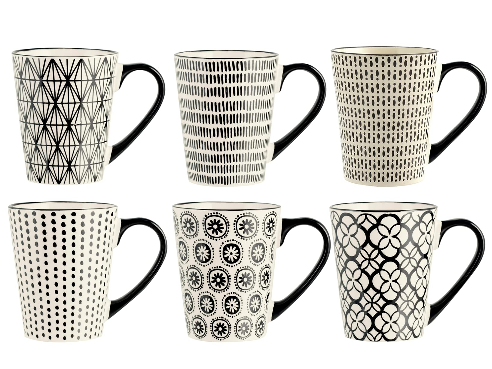 H&H Vhera Set 6 Mugs in Stoneware (350 ml) – Elegant White/Black Mugs with Geometric Decorations – Suitable for Dishwasher and Microwave