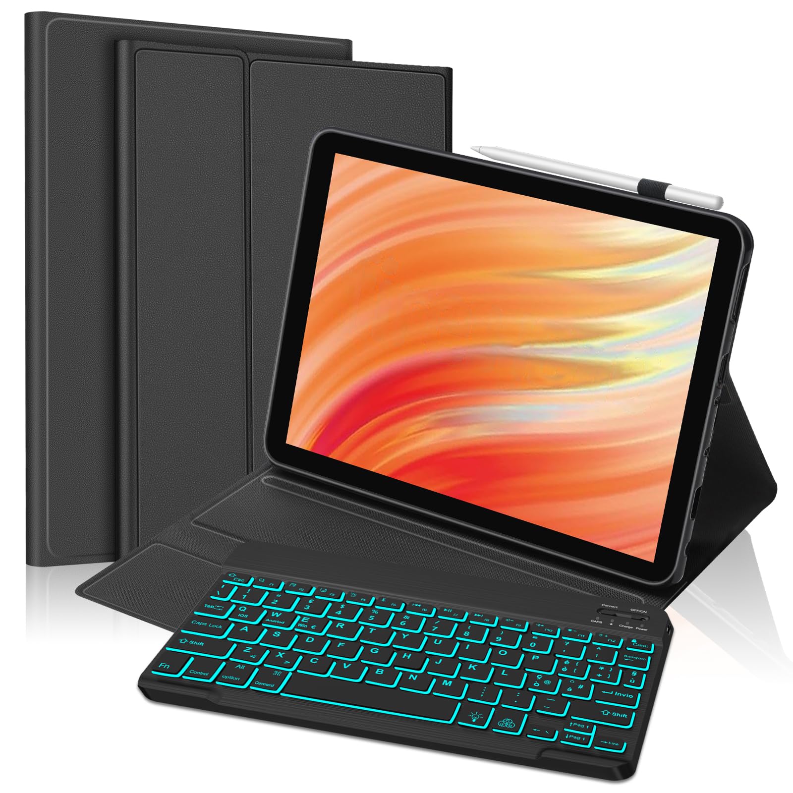Italian Backlit Keyboard Case for Fire Kindle HD 10 10.1", Detachable Magnetic Bluetooth Keyboard, Compatible with Fire HD 10, Thin Slim Cover Design, With Pencil Slot, Black