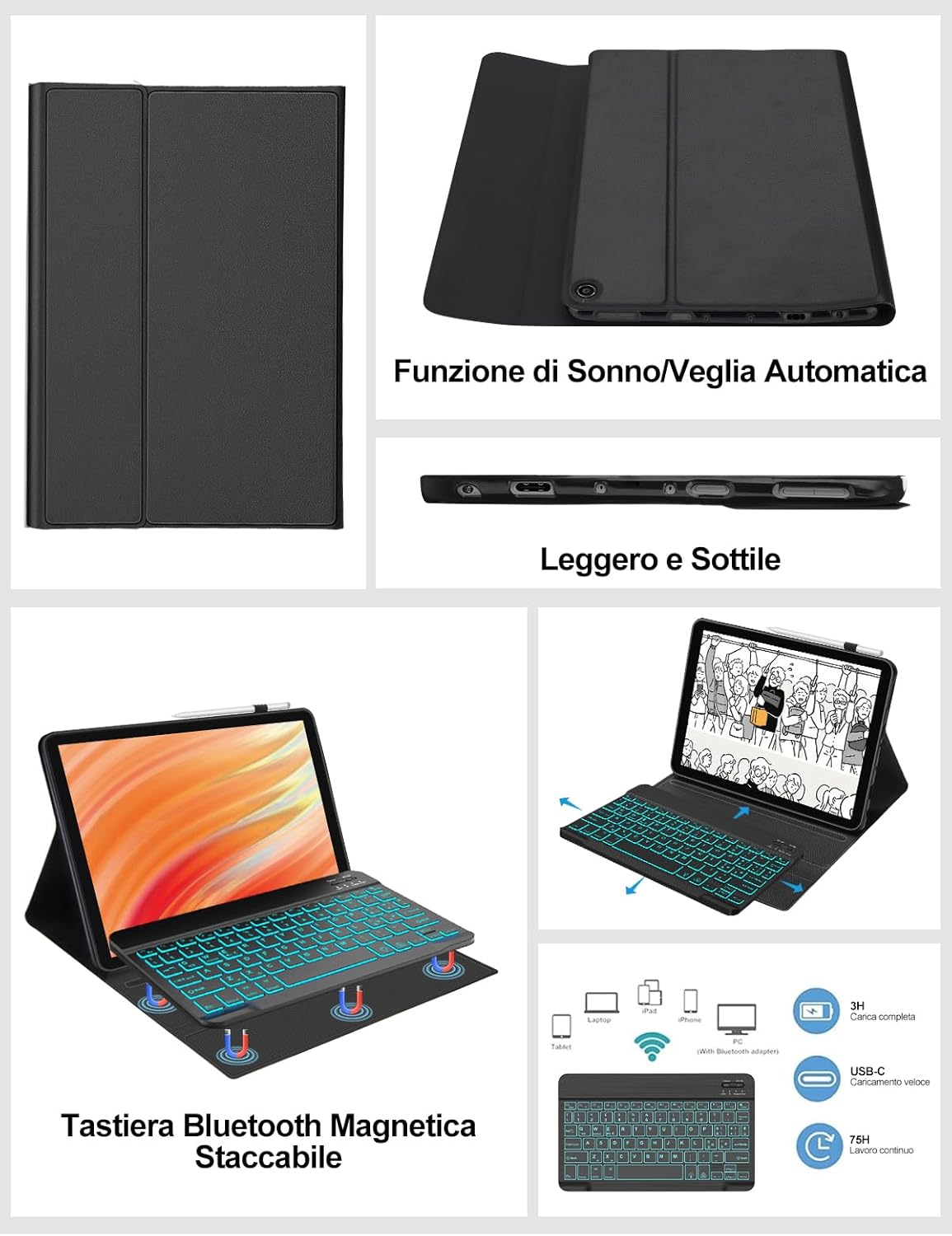 Italian Backlit Keyboard Case for Fire Kindle HD 10 10.1", Detachable Magnetic Bluetooth Keyboard, Compatible with Fire HD 10, Thin Slim Cover Design, With Pencil Slot, Black