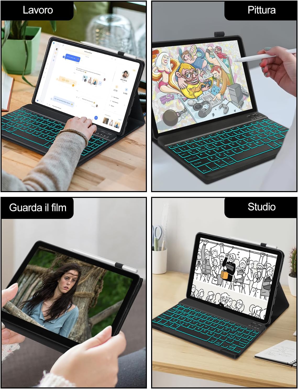 Italian Backlit Keyboard Case for Fire Kindle HD 10 10.1", Detachable Magnetic Bluetooth Keyboard, Compatible with Fire HD 10, Thin Slim Cover Design, With Pencil Slot, Black