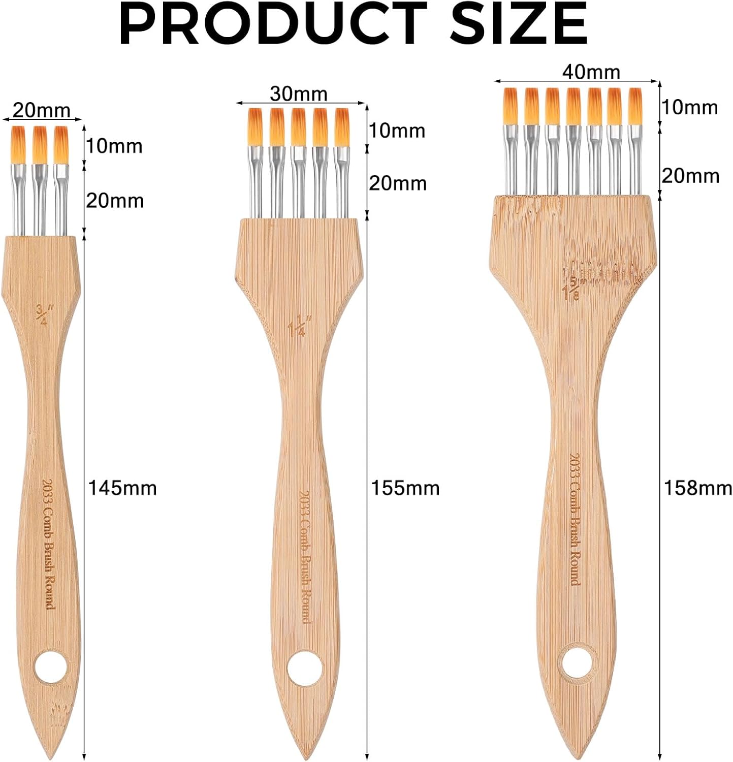 KIKIGOAL 3Pcs Flat Texture Paint Brushes, Professional Korean Nylon Bristles for Acrylic, Watercolor, Gouache, Creating Lines, Feathers, Patterns, Carbonized Bamboo Handle
