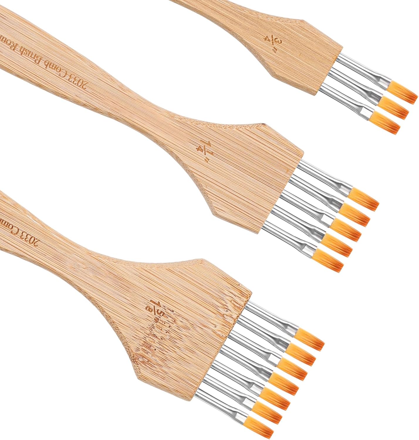 KIKIGOAL 3Pcs Flat Texture Paint Brushes, Professional Korean Nylon Bristles for Acrylic, Watercolor, Gouache, Creating Lines, Feathers, Patterns, Carbonized Bamboo Handle