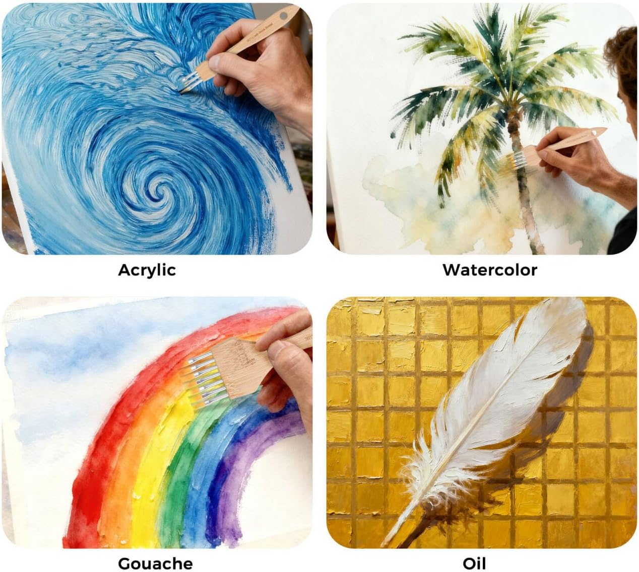 KIKIGOAL 3Pcs Flat Texture Paint Brushes, Professional Korean Nylon Bristles for Acrylic, Watercolor, Gouache, Creating Lines, Feathers, Patterns, Carbonized Bamboo Handle