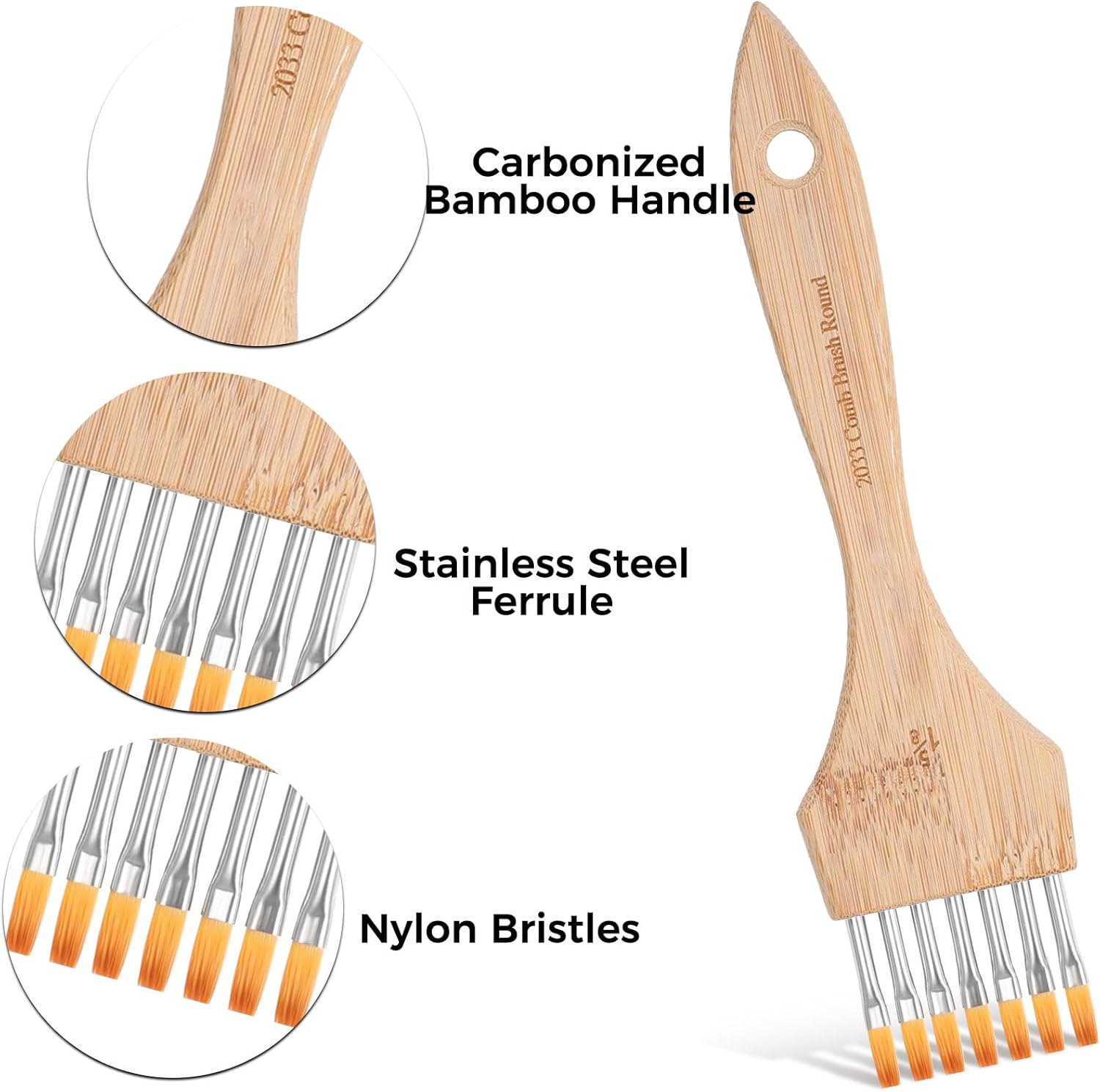 KIKIGOAL 3Pcs Flat Texture Paint Brushes, Professional Korean Nylon Bristles for Acrylic, Watercolor, Gouache, Creating Lines, Feathers, Patterns, Carbonized Bamboo Handle