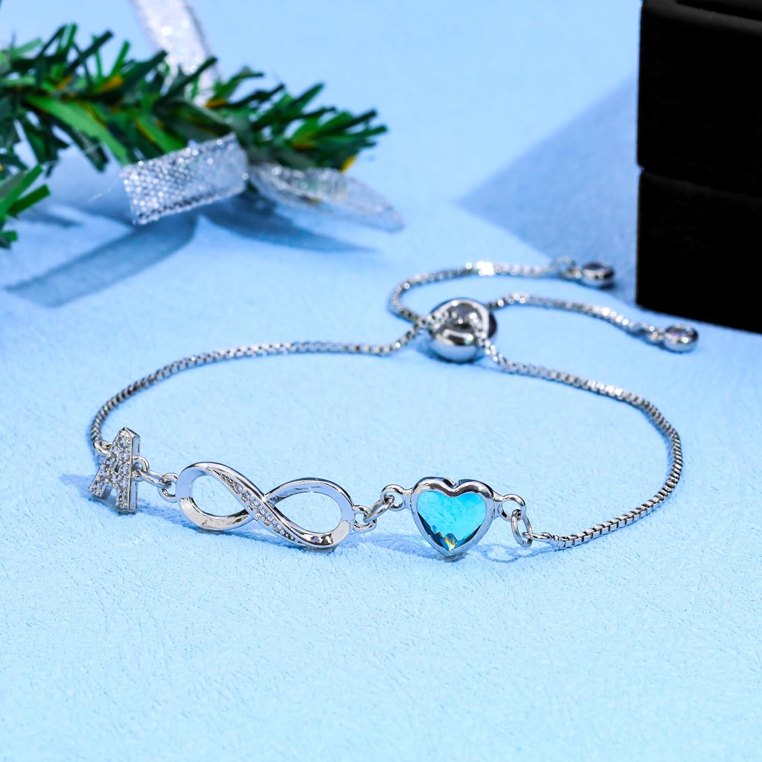 Kraven Infinity Symbol Initials Bracelet for Women, Letter AZ Buckskin Blue Birthstone Pendant 26 Alphabet Monogram Bracelet for Teen Girls Daughter