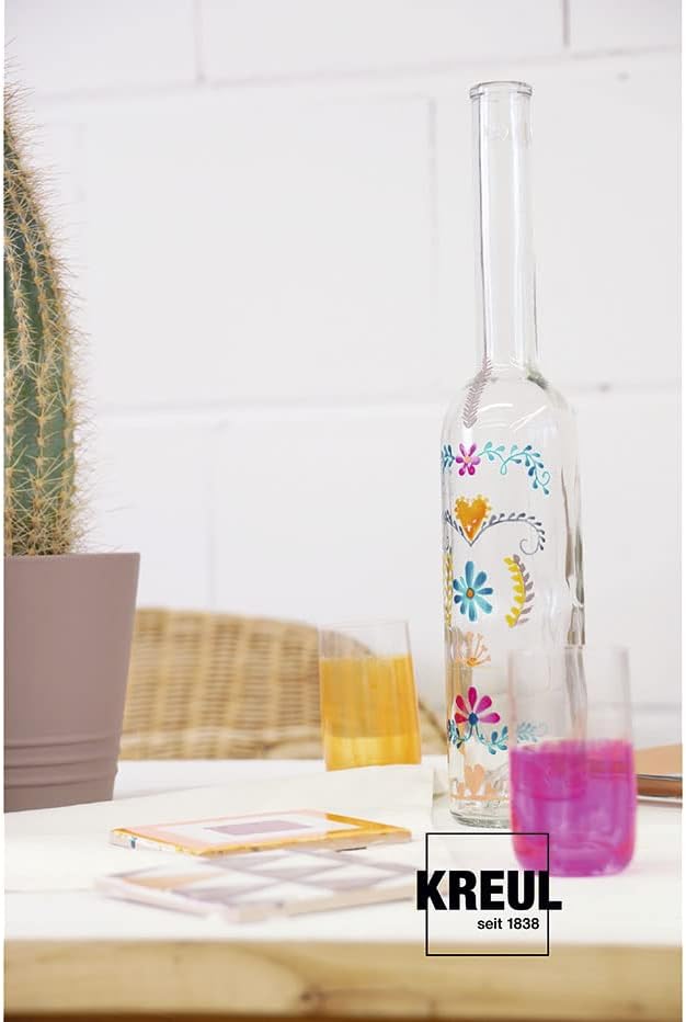 KREUL 16601 - Glass & Porcelain Clear Set of 6 20 ml glass and porcelain clear paint jars with 1 brush Water-based paint (yellow, orange, red, blue, green and brown)
