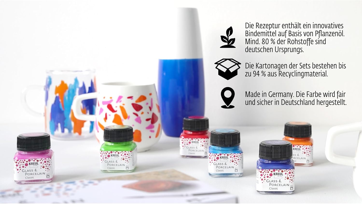 KREUL 16604 - Glass & Porcelain Classic Set Color Living, 6 colors of 20 ml and a brush, cheerful and bright water-based colors for glass and porcelain