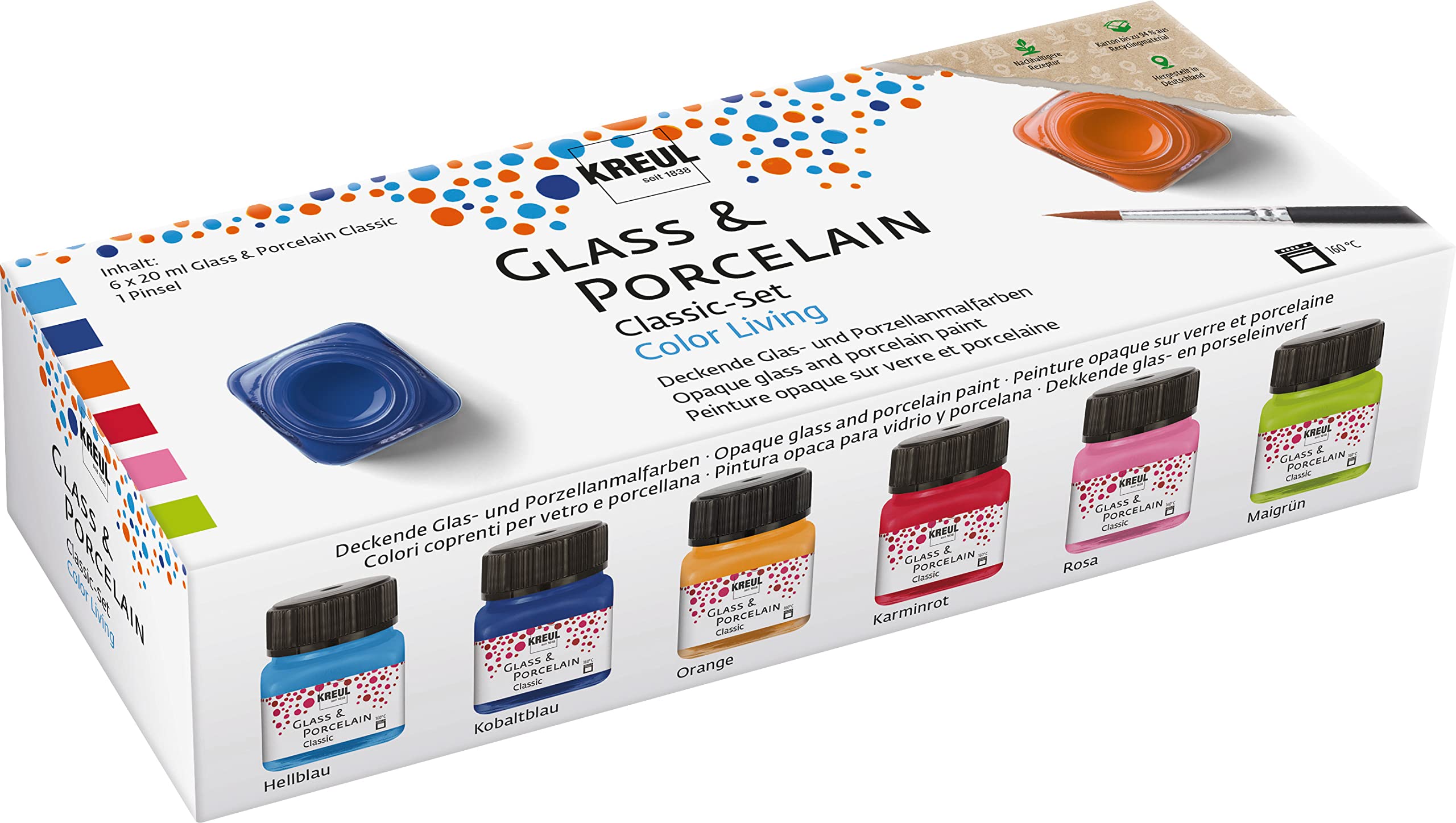 KREUL 16604 - Glass & Porcelain Classic Set Color Living, 6 colors of 20 ml and a brush, cheerful and bright water-based colors for glass and porcelain