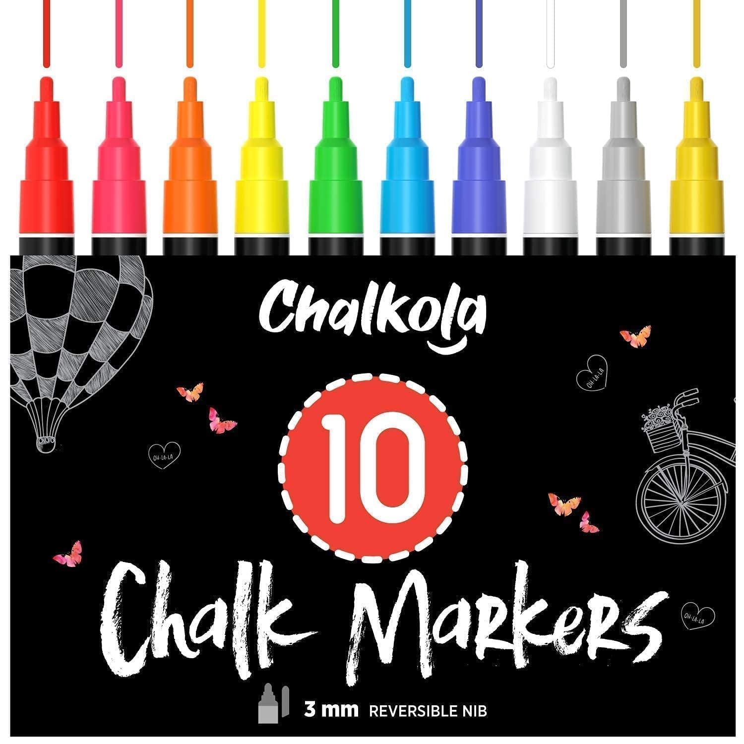 Liquid Chalk Pens (10 Pack) with Gold & Silver - Fine Tip Dry Erase Marker Pens for Blackboard, Windows, Chalkboard Signs, Bistro - 3mm Reversible Tip Fine Tip - 3mm