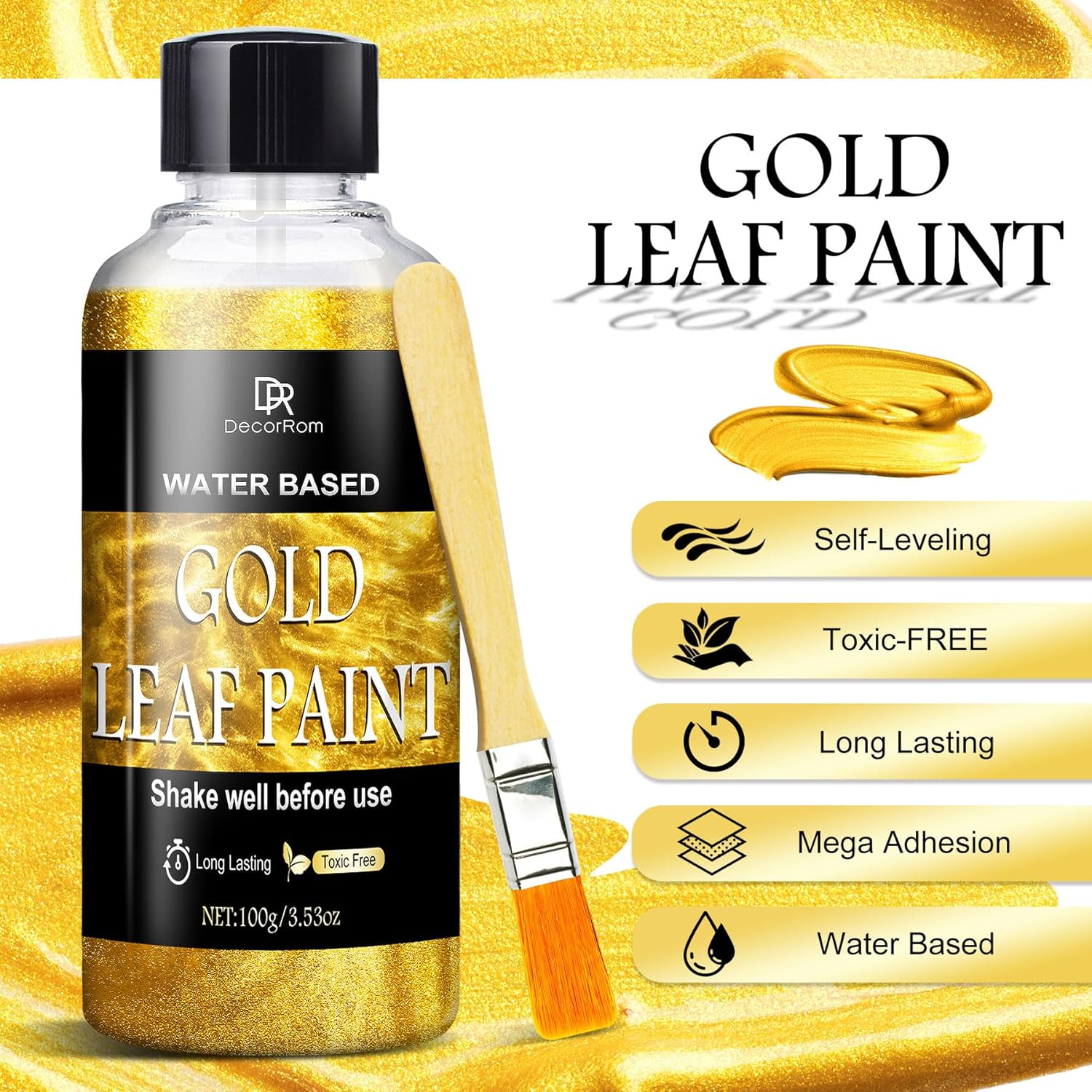Liquid Gold Paint 200ml - Super Shiny and Quick Drying Gold Leaf Effect Kit - Mirror Finish with Varnish - Non-toxic, Waterproof for Furniture, Wood, Crafts, Resin, DIY