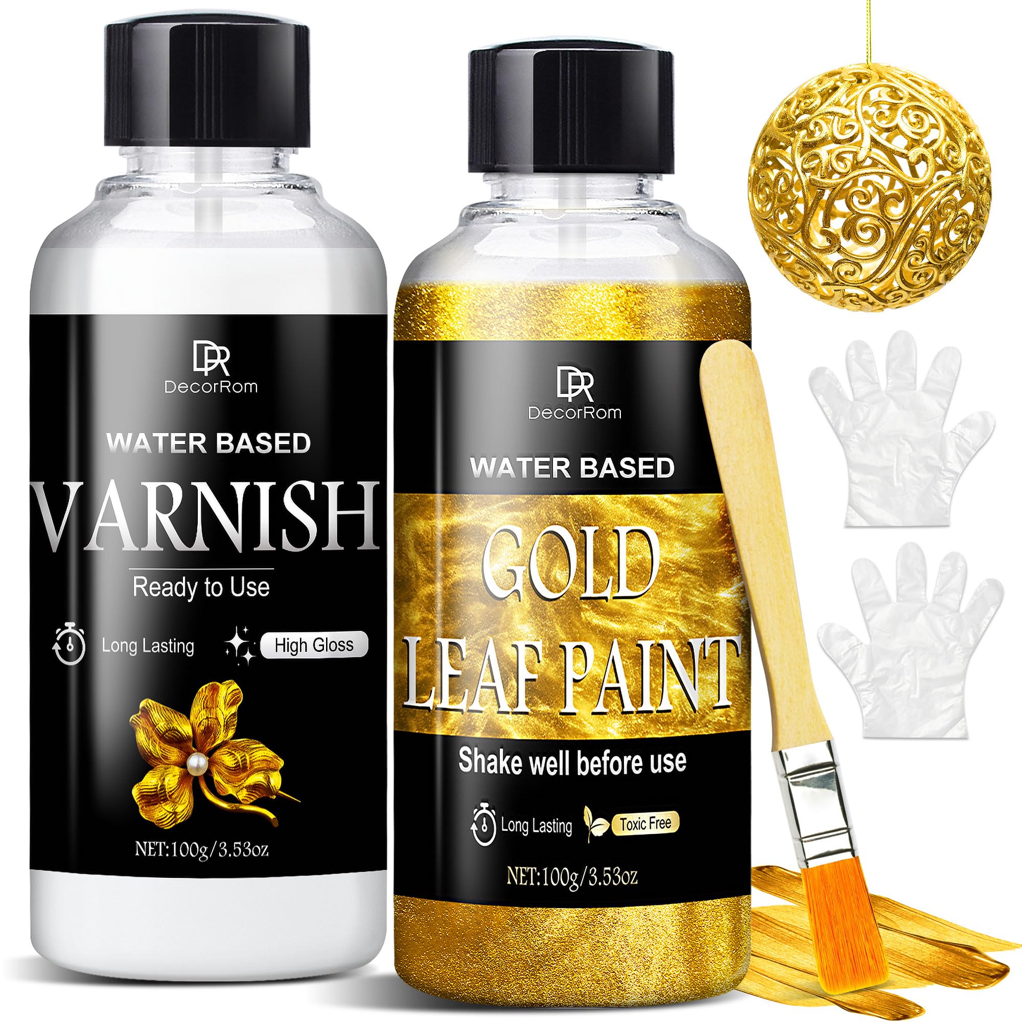 Liquid Gold Paint 200ml - Super Shiny and Quick Drying Gold Leaf Effect Kit - Mirror Finish with Varnish - Non-toxic, Waterproof for Furniture, Wood, Crafts, Resin, DIY