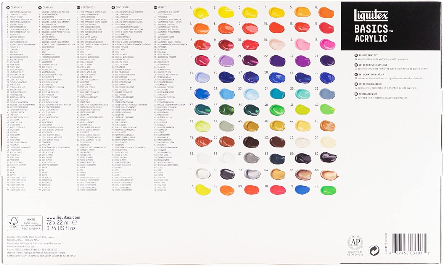 Liquitex 3699347 Basics Studio - Acrylic paint, 72 colors in 22 ml tubes, made with resistant and high quality pigments, very opaque colours, excellent lightfastness, Liquitex Basics - Acrylic paint set, 72 x 22 ml 72 units (Pack of 1) Acrylic paint set, 72 colors