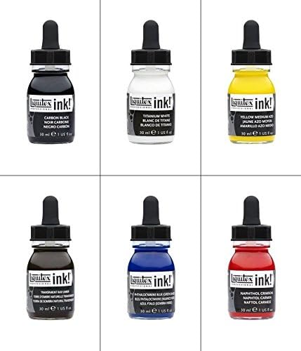 LIQUITEX PROFESSIONAL INK! INK ENCRE TUSCHE ACRYL ACRYLIC INKS DRAWING ESSENTIAL SET - 6 bottles of 30ml assorted colors