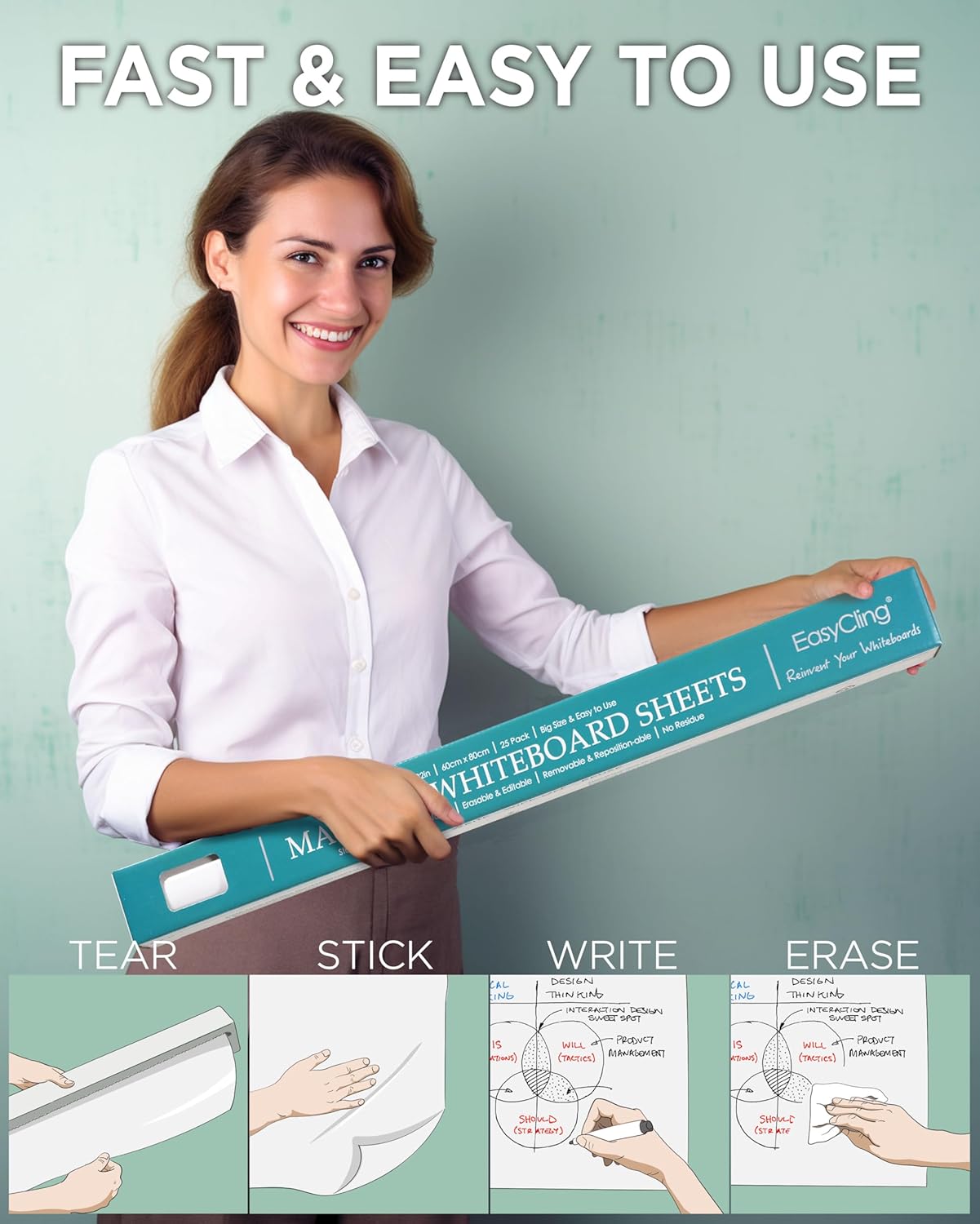 Magique Self-Adhesive Whiteboard Film with 25 Sheets and Marker - Sticks to All Hard Surfaces - 60cm x 80cm Basic Whiteboard