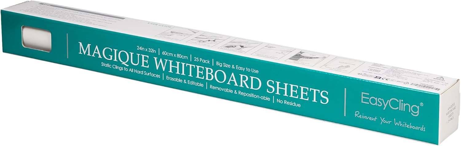 Magique Self-Adhesive Whiteboard Film with 25 Sheets and Marker - Sticks to All Hard Surfaces - 60cm x 80cm Basic Whiteboard