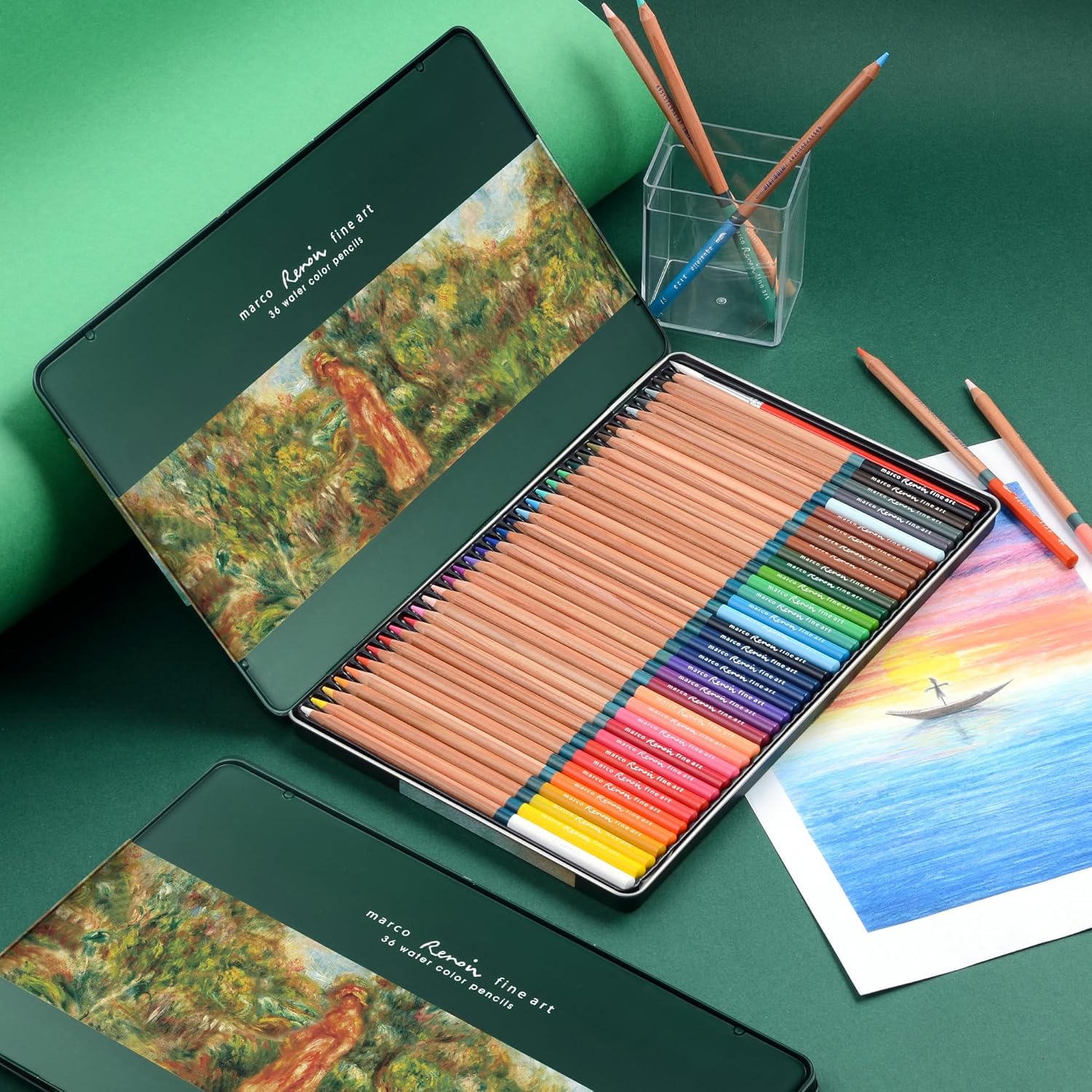 MARCO Series 3120-36 colours, high quality water-soluble colored pencils with brush, in iron box - Ideal for art students and professionals Pack of 36 Water-soluble