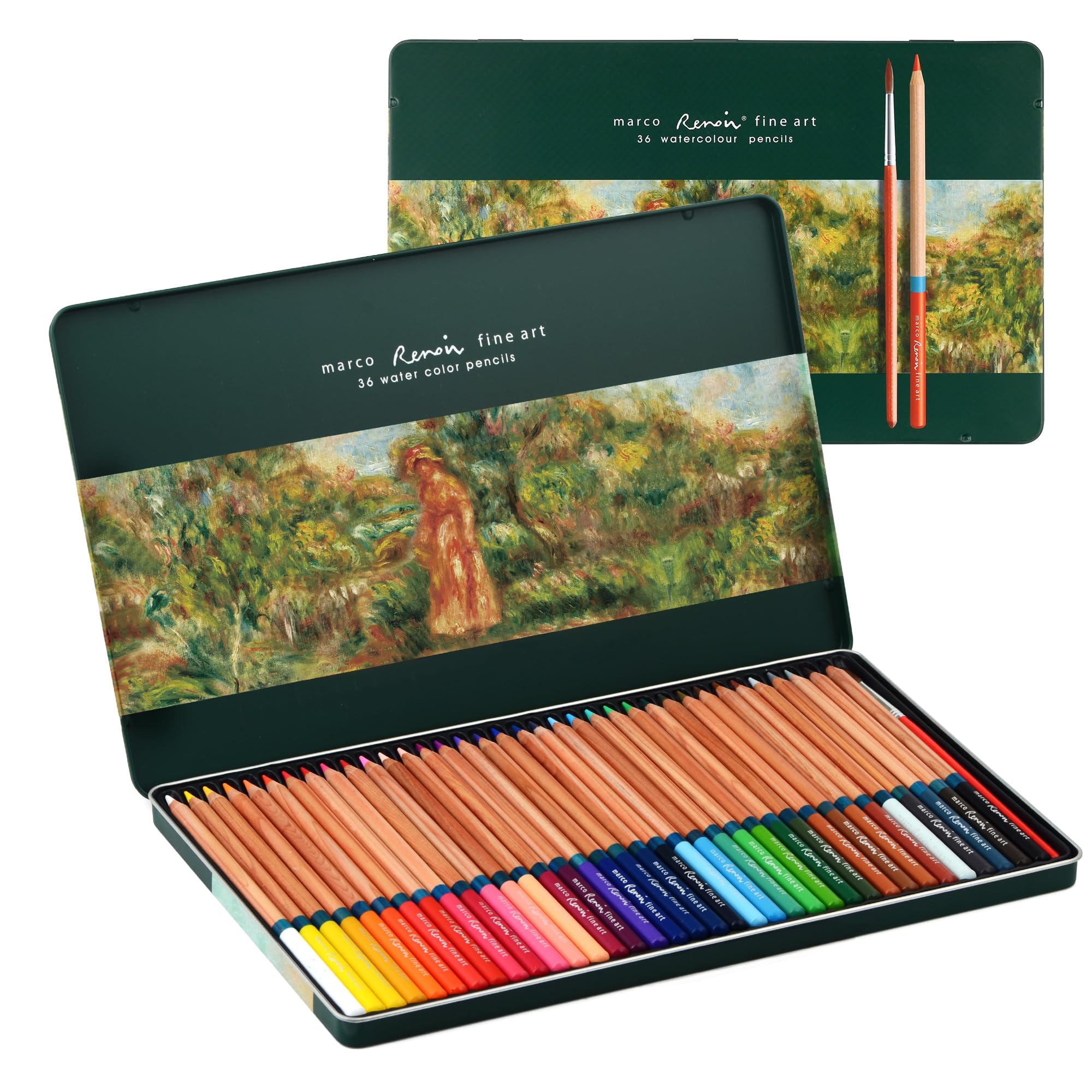 MARCO Series 3120-36 colours, high quality water-soluble colored pencils with brush, in iron box - Ideal for art students and professionals Pack of 36 Water-soluble