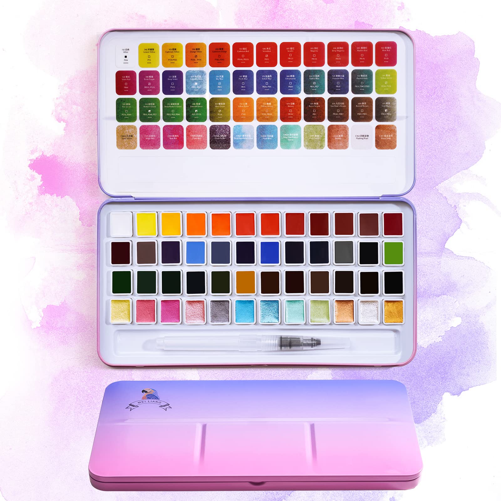MeiLiang Watercolor Paint Set, 48 Vibrant Colors, Including 12 Solid Glitter Metallic Paints in Pocket Box and Watercolor Brush, Perfect as Art Gift, Suitable for 48 Colors.