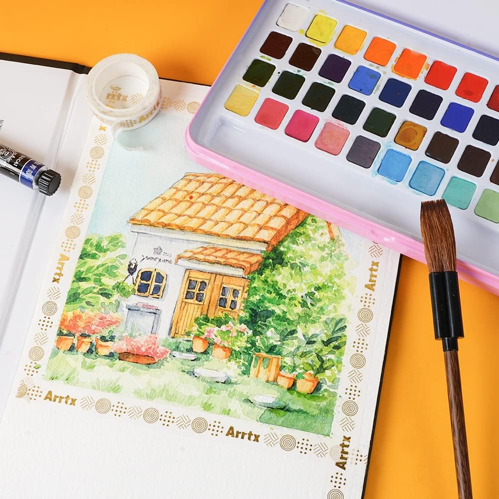 MeiLiang Watercolor Paint Set, 48 Vibrant Colors, Including 12 Solid Glitter Metallic Paints in Pocket Box and Watercolor Brush, Perfect as Art Gift, Suitable for 48 Colors.